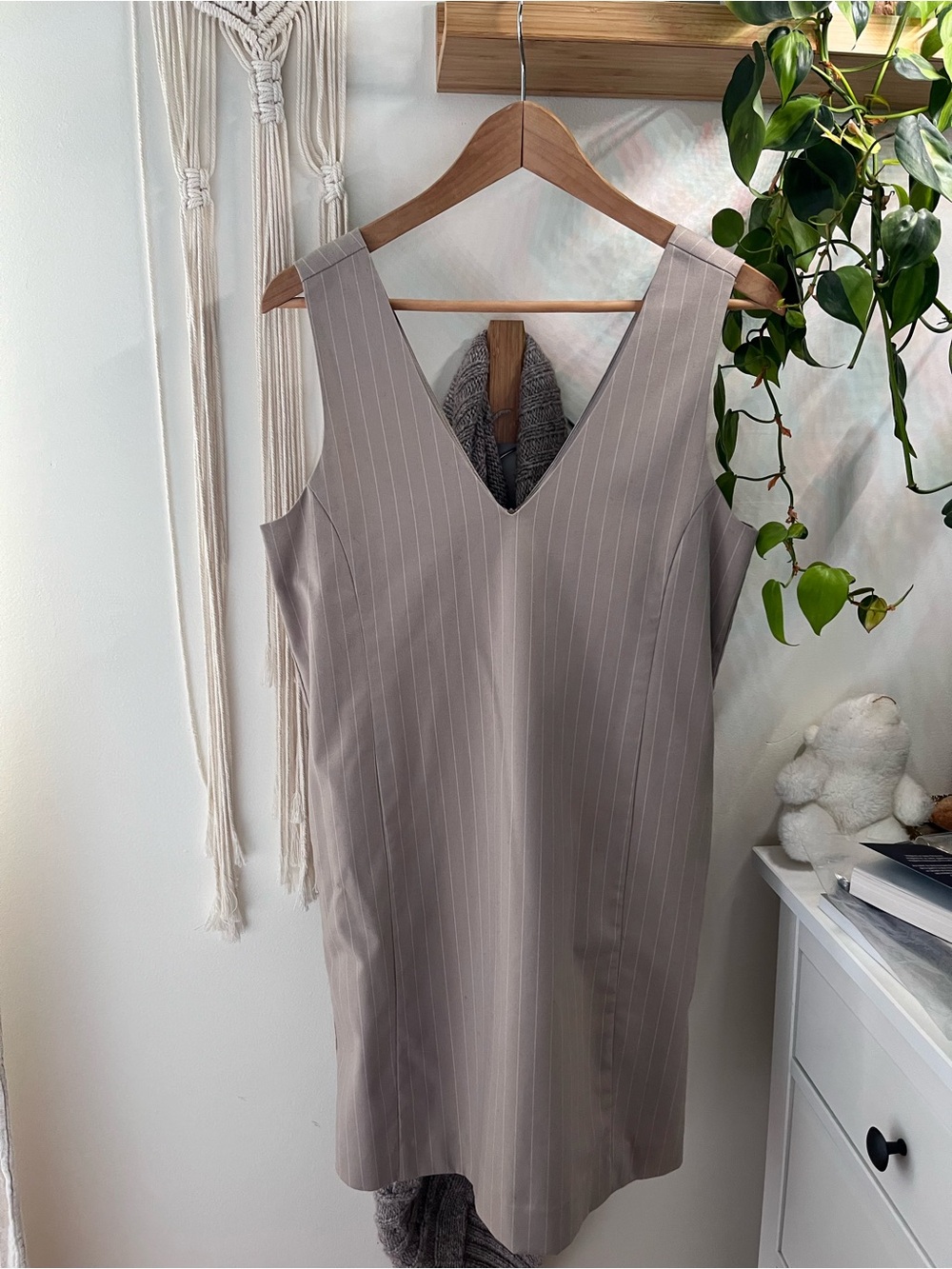 Sleeveless V-Neck Pinstripe Shift Dress in Taupe